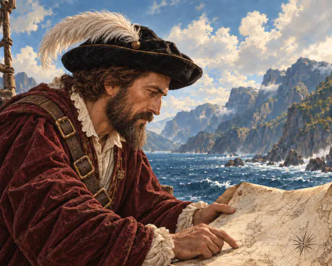 Elcano, in a feathered hat and burgundy doublet, leans over a parchment chart on deck and points at it, with cliffs and open sea behind him.