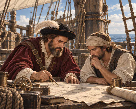 Elcano and a sailor in a linen headscarf study a sea chart on deck while Elcano measures it with brass dividers.