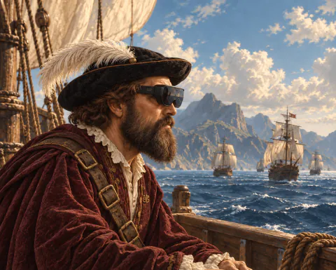 Elcano, in profile, wears a slim dark visor as he looks out to sea at a fleet of carracks.