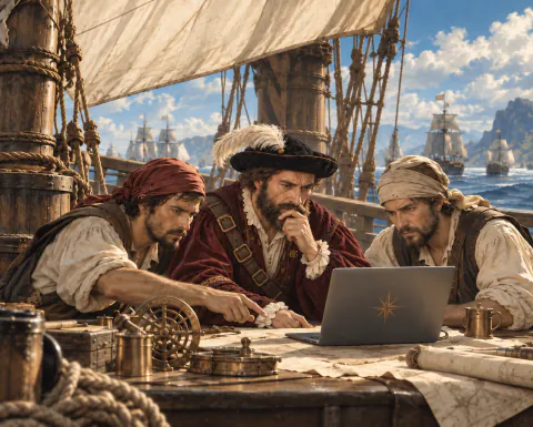 Three sailors, Elcano in the middle, crowd round a laptop on a chart table on deck; one points at the screen.