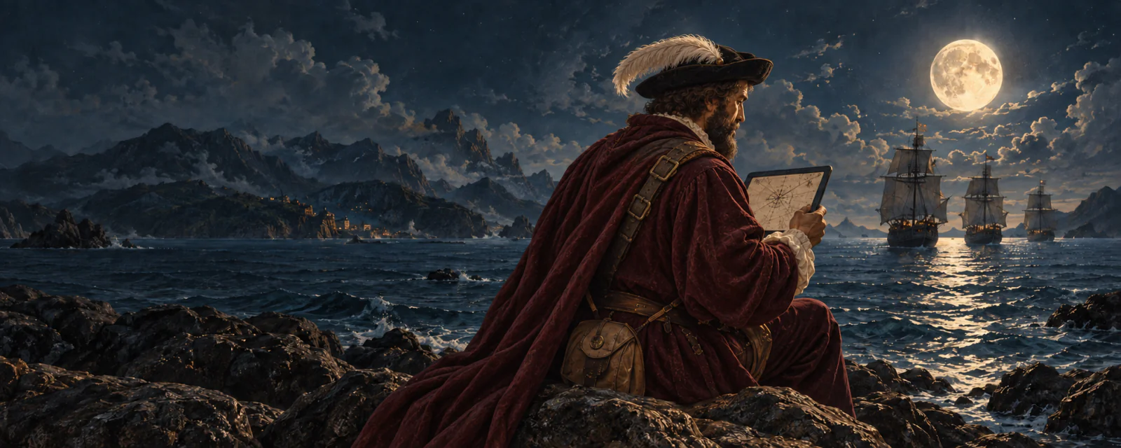 At night Elcano sits on a rocky shore, looking down at a tablet that shows a sea chart. Three carracks sail beneath a full moon.