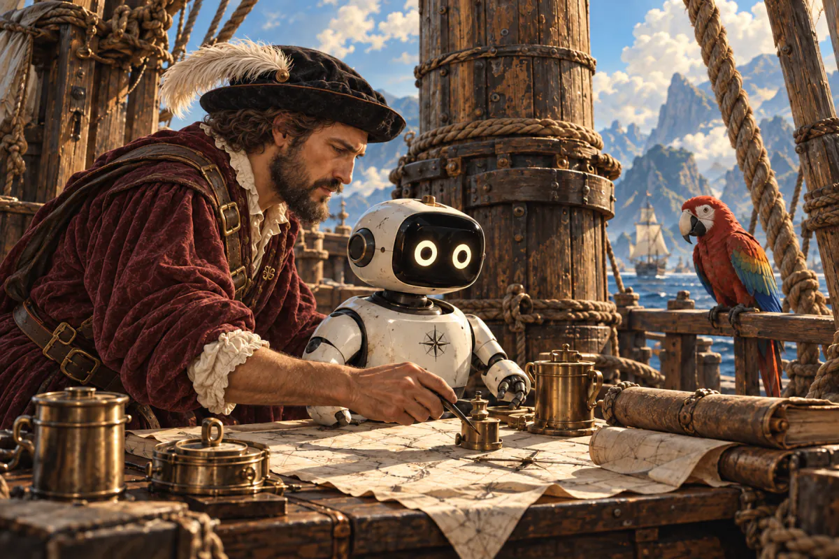 Elcano, in a feathered hat and burgundy doublet, plots a course at a chart table beside a small white robot with a black face and round glowing eyes. A scarlet macaw watches from the rail.