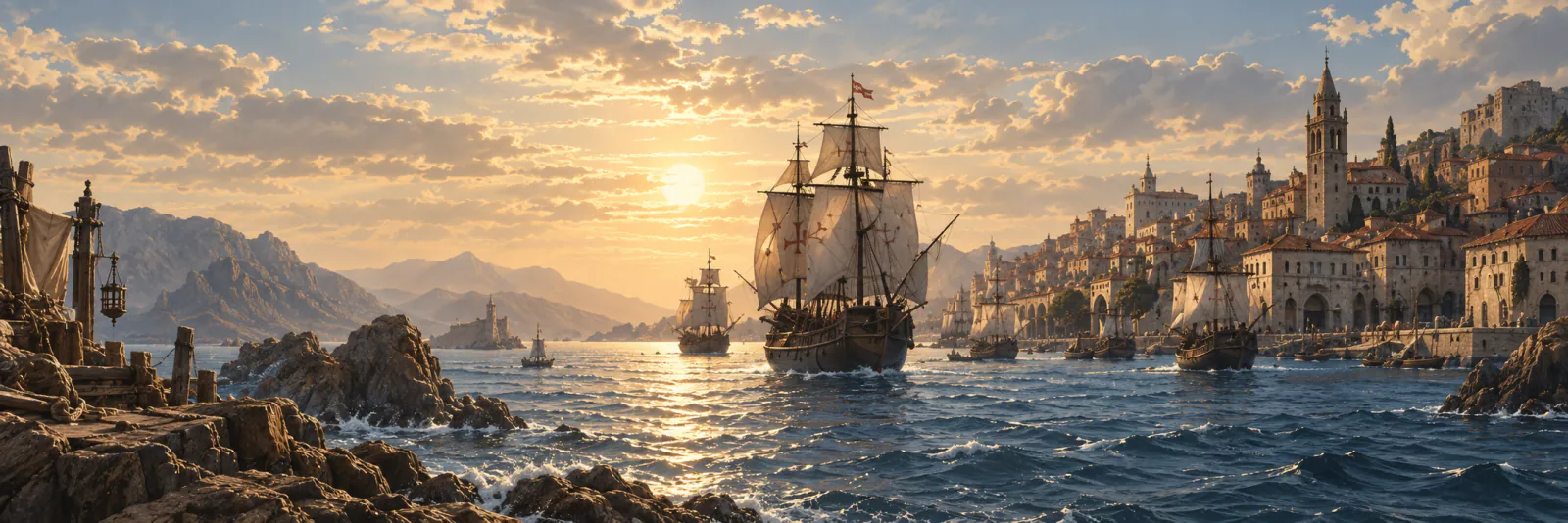At sunset a carrack under full sail enters a harbour below a hillside town with a tall bell tower, among smaller ships and rocky shores.