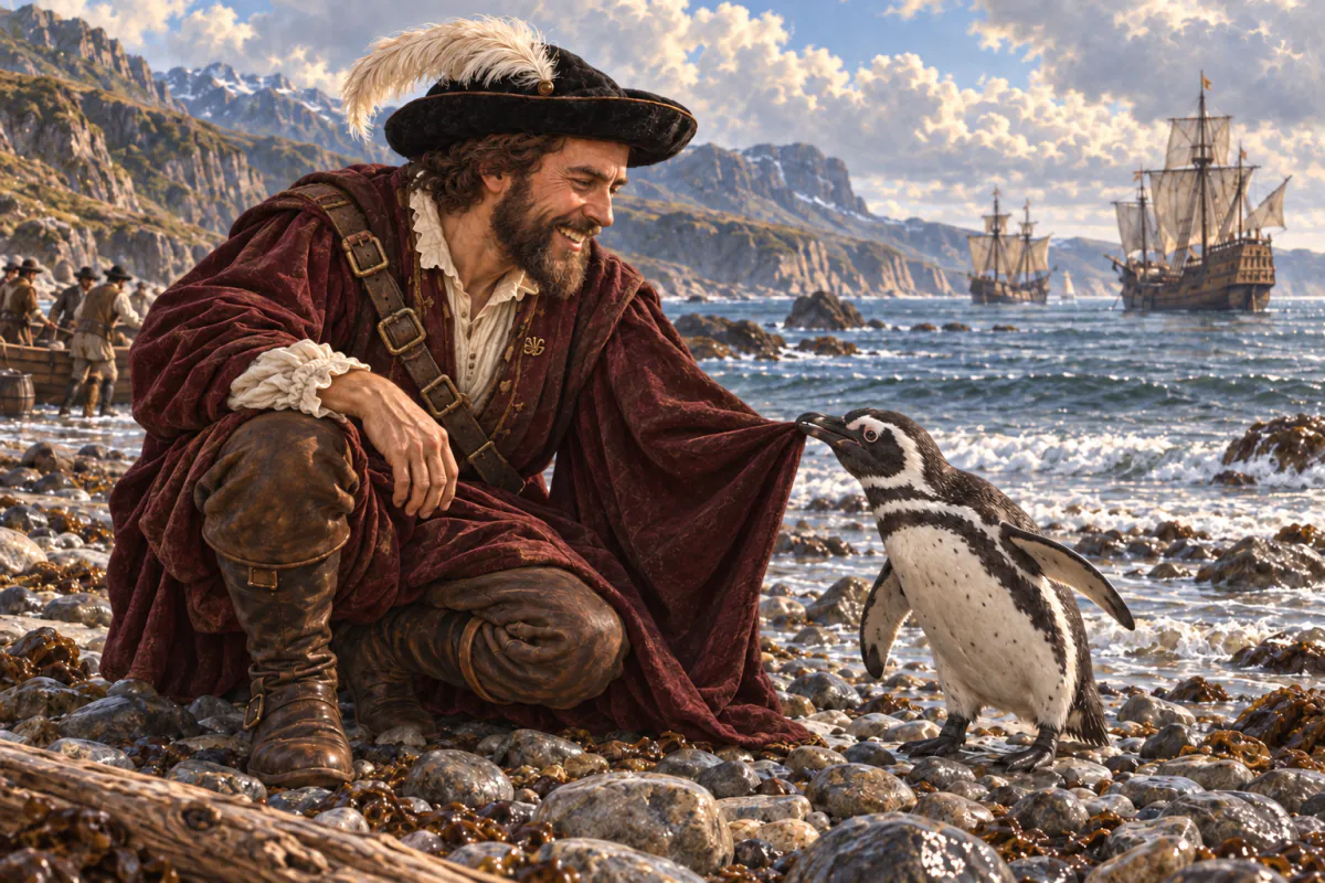 Juan Sebastián Elcano, in a feathered hat, crouches on a stony beach and laughs as a Magellanic penguin tugs at the corner of his burgundy cloak. Behind him sailors stand by a boat on the shore, and carracks lie at anchor in the bay.